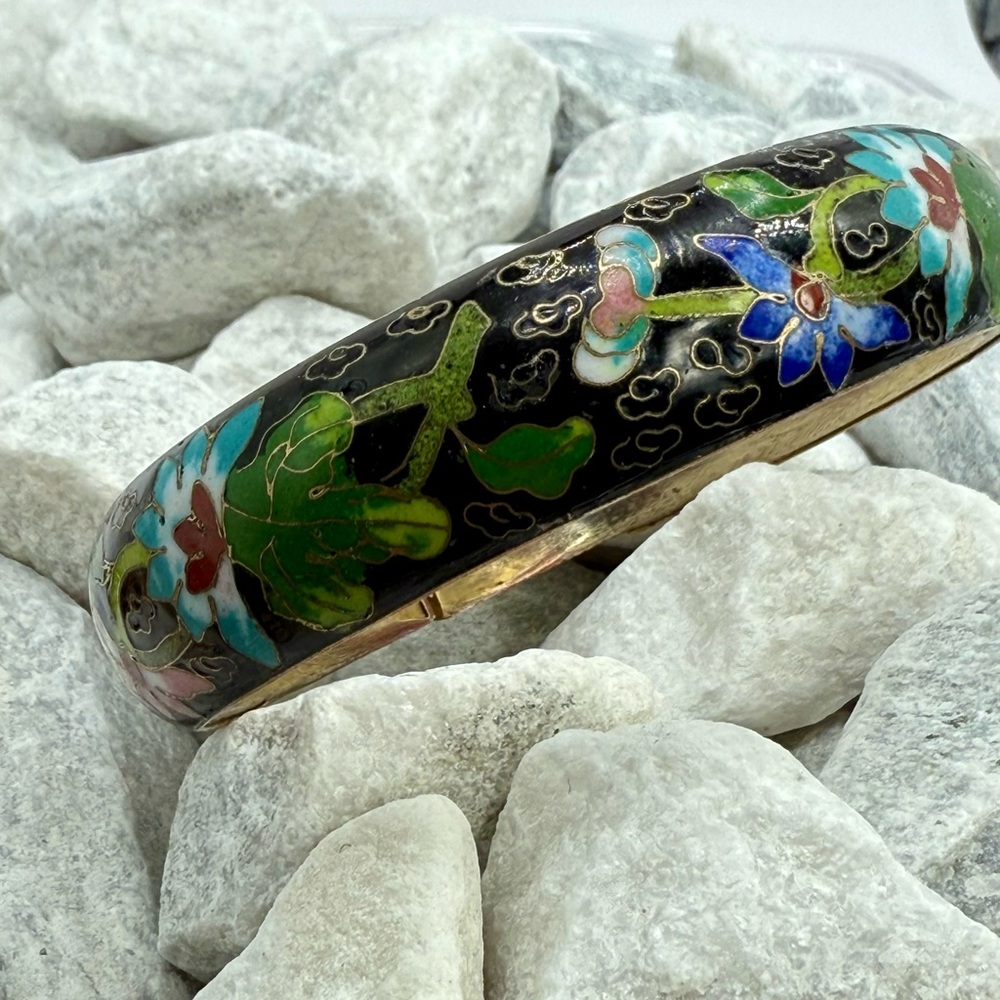 Vintage Cloisonné Twin Dragon Bangle Bracelet Black Enamel Floral 2.5” - Picture 6 of 17